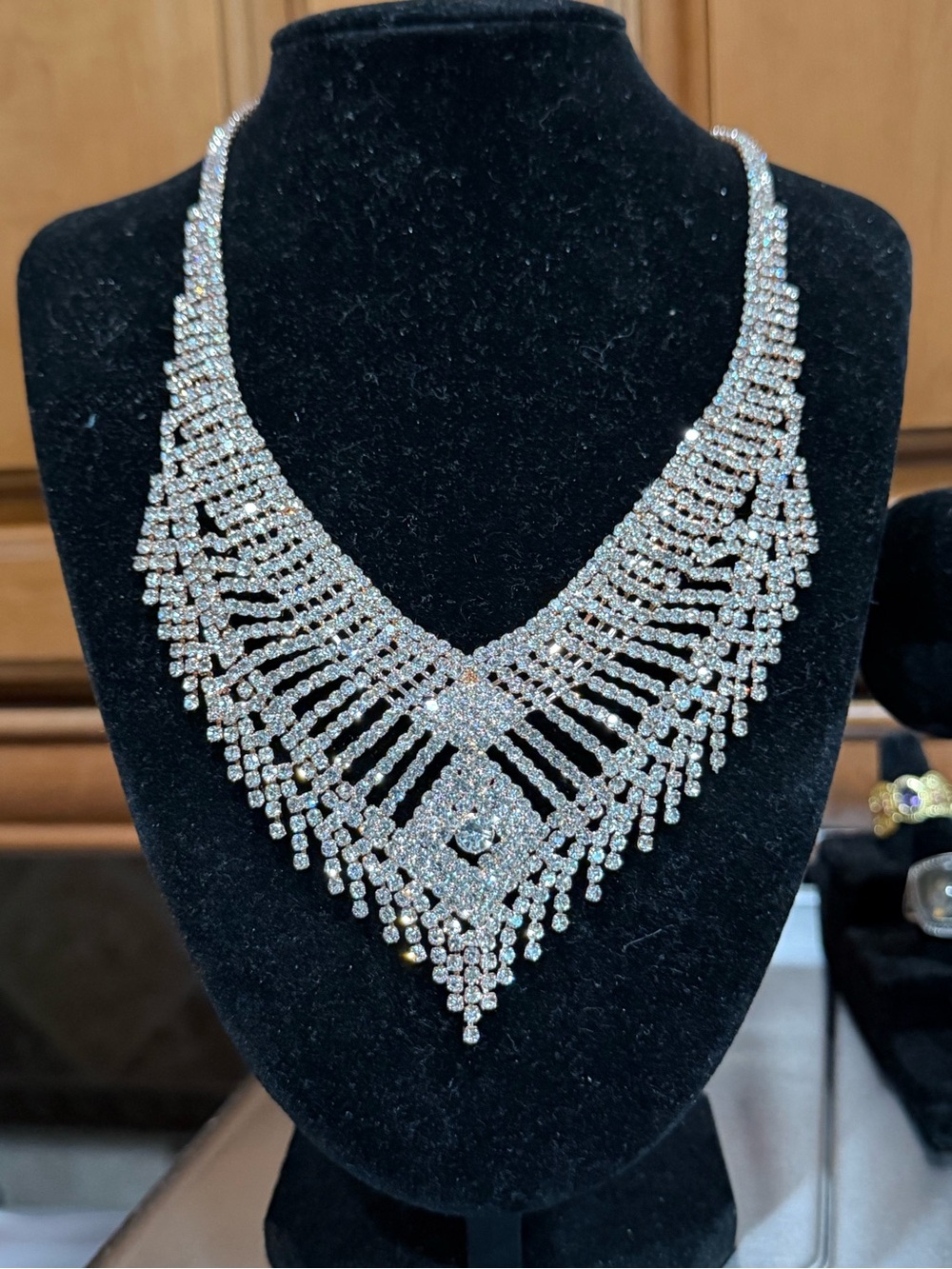 Austrian Crystal Waterfall Designer Statement Necklace in Rosetone